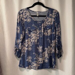 PerSeption Concept Navy Floral Blouse - denim look